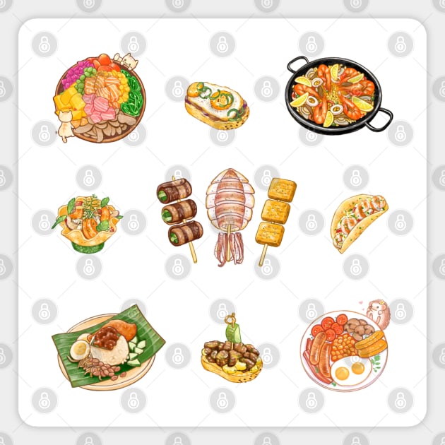 Food Lover 各國美食插畫 - Nasi Lemak, Paella, Poke Bowl, Skewers, English Breakfast, Tapas, Tacos Magnet by Rose Chiu Food Illustration